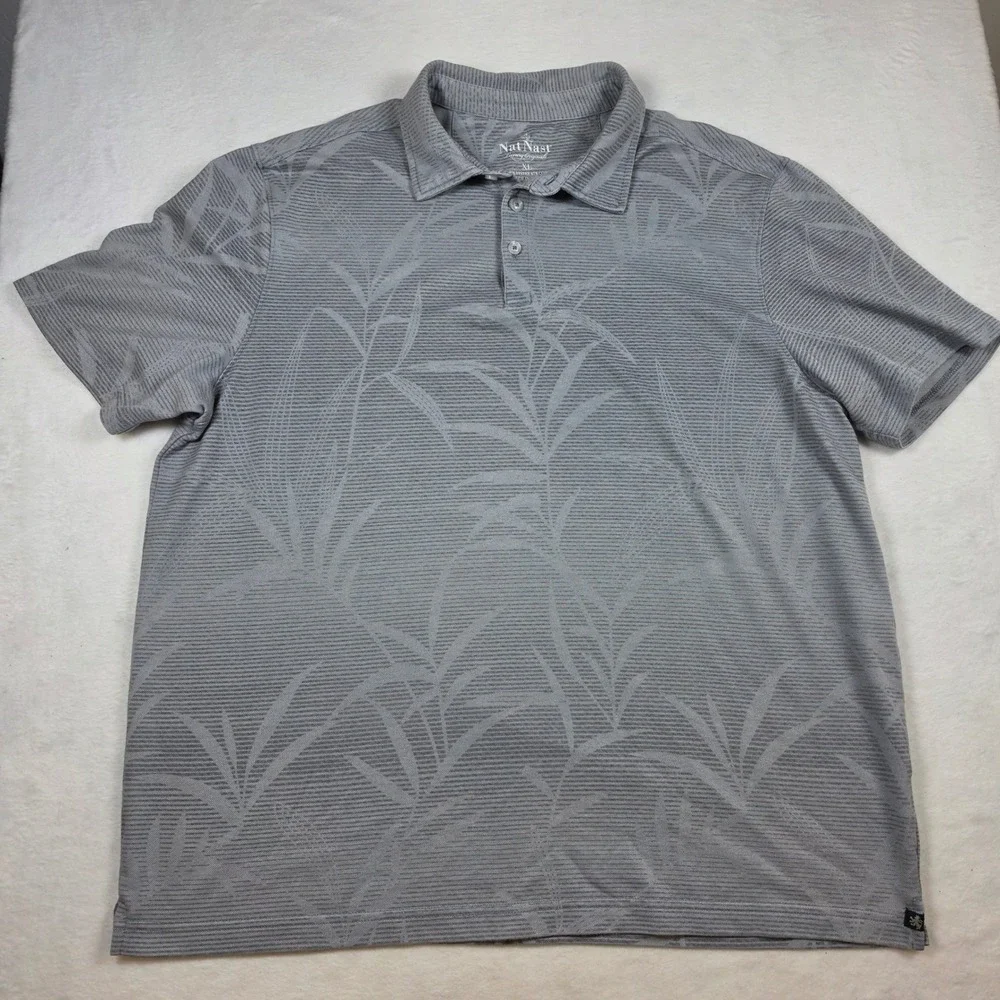 Nat Nast Luxury Original Men XL Grey Tropical Leaf Print Polo Shirt Short Sleeve